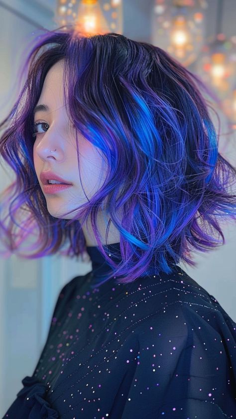 26 Blue Hair Inspirations for Evening Glamour Blue To Purple Hair, Blue And Purple Hair Color, Purple And Blue Hair Short, Purple Hair Color Ideas For Short Hair, Under Color Hair Ideas, Blueish Purple Hair, Purple Short Hair, Purple Into Blue Hair, Blue And Purple Hair With Bangs