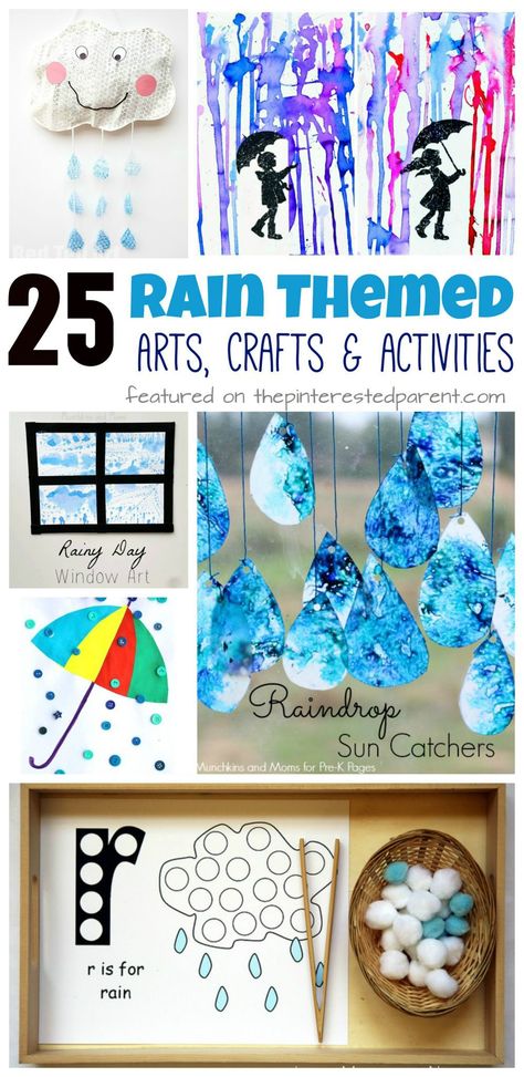 25 Rain themed arts, crafts and activities for the spring. Kids arts and crafts ideas. Painting, science Toddlers and preschoolers Science Toddlers, Art And Crafts For Kids, Rain Crafts, Preschool Weather, Weather Crafts, April Crafts, Crafts And Activities For Kids, Weather Unit, Interactive Science