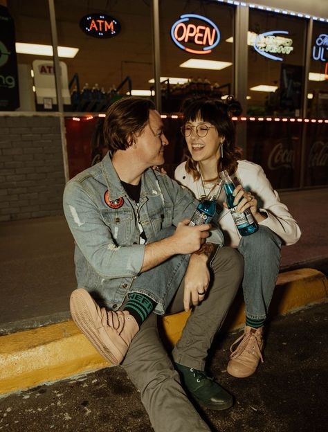 Fun Couple Engagement Photos, Rockstar Engagement Photos, 70s Aesthetic Engagement Photos, Engagement Photos Quirky, Edgy Engagement Photos Outfits, Gas Station Engagement Pictures, Edgy Engagement Shoot, 70s Theme Engagement Photos, Vintage Style Couple Photoshoot