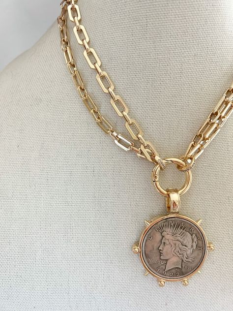 Gold Coin Medallion Necklace Large Gold Coin Chunky Necklace Vintage Coin Necklace Antique Coin Necklace Gold Chunky Layering Necklace - Etsy Coin Chain Necklace, Antique Coin Necklace, Gold Coin Jewelry, Coin Necklace Gold, Chunky Gold Necklaces, Jewelry Knowledge, Jeweled Shoes, Canyon Lake, Gold Coin Necklace