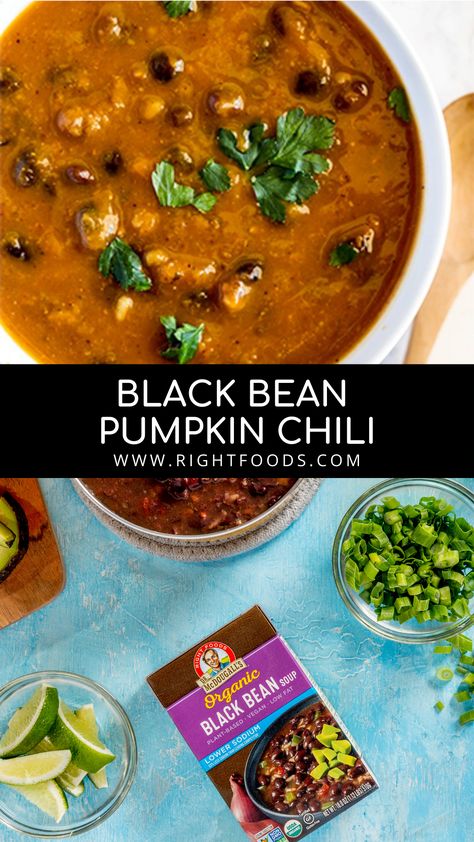 This super easy recipe combines our Organic Black Bean Soup and pumpkin puree, plus a couple extra spices to create a tasty black bean pumpkin chili. Pumpkin And Black Bean Soup, Black Bean Pumpkin Soup, Pumpkin Black Bean Soup, Pumpkin Black Bean Chili, Black Bean Pumpkin Chili, Healthy Chili Recipe, Chili Recipe Healthy, Healthy Chili, Pumpkin Chili