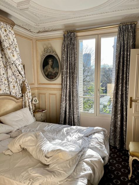 Beige Paris Bed Hotel aesthetic Parisian Hotel Room, French Hotel Aesthetic, Paris Hotel Aesthetic, Paris Bedroom Aesthetic, French Hotel Room, Paris Hotel Room, Paris Bed, Hotel Room Aesthetic, Nice Bedrooms