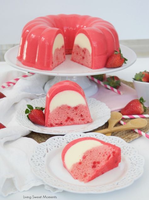 This decadent strawberry Flan Jello Cake Recipe is a 3 in 1. A Cake and flan encased in a refreshing jello shell. A showstopper dessert for any occasion. Flan Cake Recipe, Jello Cakes, Strawberry Flan, Jello Cake Recipes, Jello Mold Recipes, Showstopper Dessert, Jello Dessert Recipes, Flan Cake, Jello Cake