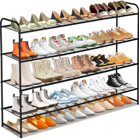 Say Goodbye to Mess: 4 Tier Shoe Rack holds up to 30 pairs of shoes, shoe rack for closet is 43" length, longer than others general metal shoe organizer, meet family members' shoe storage needs, such high heels, flats, sneakers, flip flops, sandals, wedges etc, find a home for your shoes, shoe shelf keep your closet and home away from mess. Heavy Duty Shoe Rack: Closet shoe organizer made of anti-rust metal tubes and wire grid, each tier shelf holding up to 15-20 lbs. Shoe Rack For Closet, Shoe Organizer For Closet, 4 Tier Shoe Rack, Organizer For Closet, Metal Shoe Rack, Stackable Shoe Rack, Closet Shoe Storage, Shoe Rack Closet, Shoe Rack Organization