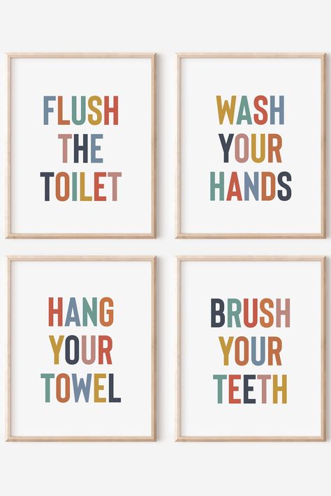 Boy And Girl Shared Bathroom, Brush Your Teeth Printable, Rainbow Bathroom Decor, Neutral Kids Bathroom, Rainbow Bathroom, Toddler Bathroom, Bathroom Rules Sign, Kids Bathroom Wall, Kids Bathroom Wall Art