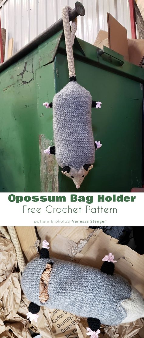 Free Crochet Patterns For Yip Yips, Free Crochet Patterns Possum, Possum Crochet Bag Holder, Crochet Plastic Bag Holder Pattern Free, Opossum Crochet Bag Holder, Crochet Opposum Bag Holder, Possum Bag Holder Crochet Pattern, Crochet Bag Saver Pattern, Crochet Dog Bag Holder