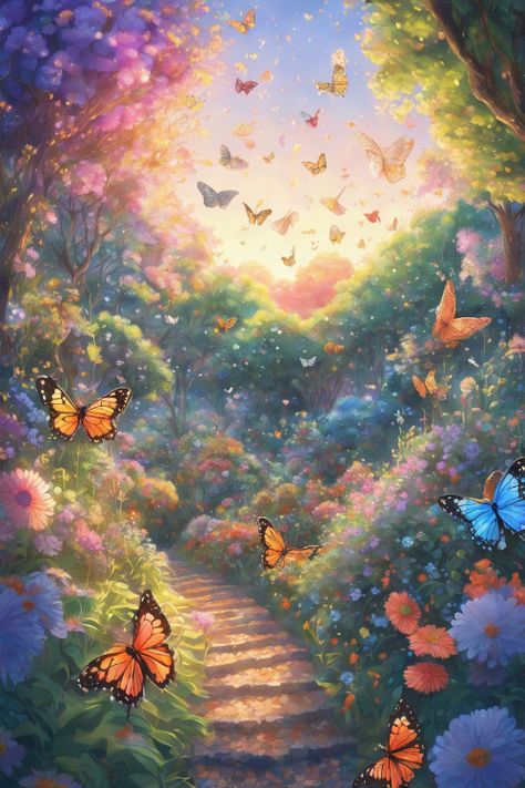 Butterfly Garden Dawn Check more at https://paintlyx.com/butterfly-garden-dawn/ Butterfly Park Drawing, Garden With Butterflies Drawing, Butterfly Garden Drawing, Field Of Butterflies, Butterfly Forest, Drawing Sky, Grass Drawing, Butterfly Park, Fly Drawing