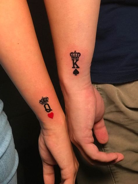 King N Queen Tattoo Couple, King And Queen Tattoo On Hand, King And Queen Wrist Tattoo, Queen And King Of Hearts Tattoo, Couples King And Queen Tattoo, Matching Tattoos Couples King And Queen, Couple Tattoo King And Queen, King And Queen Chess Piece Tattoo Couples, Kind And Queen Tattoos