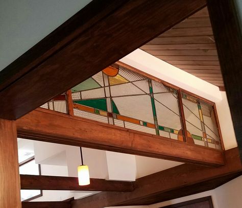 The new stained glass piece in our entryway - hard to photograph at 9 feet wide. Going for mid century modern. Craftsman Stained Glass Door, Diy Mid Century Art, Mid Century Stained Glass Window, Stained Glass Mid Century Modern, Mid Century Modern Stained Glass Window, Glasgow Flat, Japanese Mid Century Modern, Stained Glass Cabinets, Stairway Ideas