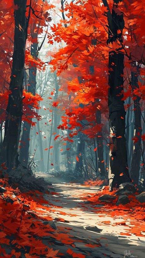 Anime Woman, Cool Wallpapers Art, Autumn Painting, Fantasy Art Landscapes, Landscape Illustration, Pastel Art, Autumn Art, Girl Wallpaper, Fantasy Landscape