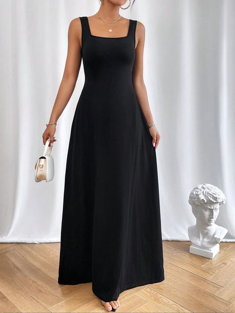 SHEIN Essnce Solid Square Neck DressI discovered amazing products on SHEIN.com, come check them out! High Waist Maxi Dress, Womens Long Skirt, Stylish Maxi Dress, Floral Bridesmaid Dresses, Flowy Design, Fitted Maxi Dress, Square Neck Dress, Evening Attire, Glamorous Evening Gowns