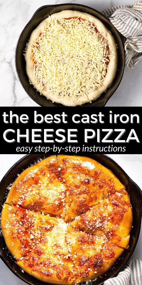 This quick and easy Cast Iron Skillet Pizza is a great way to switch up your usual Friday night pizza routine! This deep dish pizza has a thick crust that's crispy on the outside and chewy on the inside - it's so tasty that you can keep the toppings simple with just cheese or pepperoni! Use store-bought or homemade pizza dough for a perfect pizza every single time! Skillet Deep Dish Pizza, Cast Iron Pizza Recipe, Deep Dish Pizza Dough, Iron Skillet Pizza, Skillet Recipes Dinner, Cast Iron Skillet Recipes Dinner, Cast Iron Skillet Pizza, Quick Pizza Dough, Friday Night Pizza