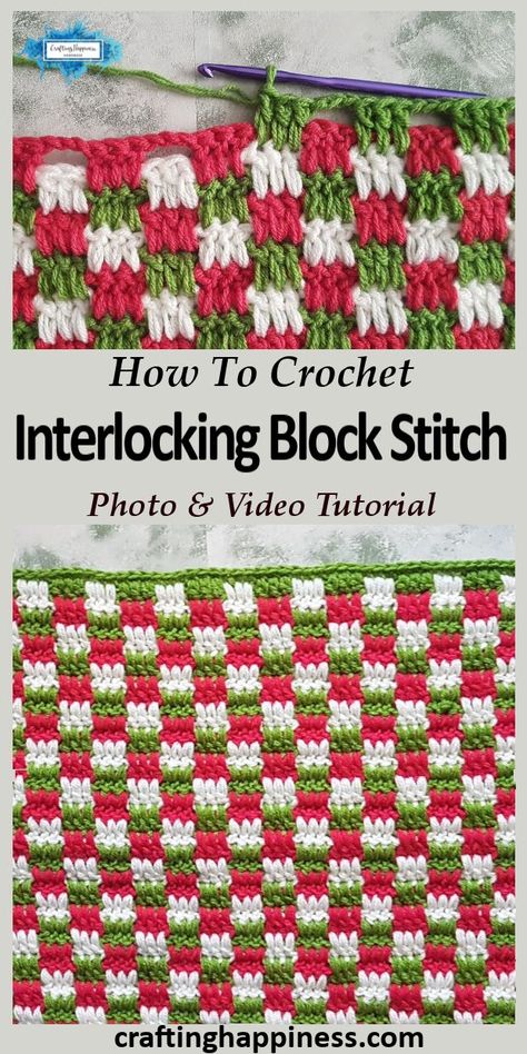 Easy Crochet Interlocking Block Stitch (aka Plaid Stitch) photo & video tutorial by Crafting Happiness    are looking for a solid versatile stitch for your project that looks beautiful from both sides? Then this stitch is the one for you.    #diychristmasblanket #yarnblanket #howtomakeablanket  #plaidblanket #blanketideas #forbeginners #crochet stitchesforblankets #crochetstitchesdesigns #easycrochetpatternsforbeginners #crochettutorialforbeginners #easystitches #differentcrochetstitches Block Stitch Crochet, Stitch Crochet Pattern, Block Stitch, Interlocking Blocks, Different Crochet Stitches, Plaid Crochet, Crochet Unique, Confection Au Crochet, Crochet Stitches Free