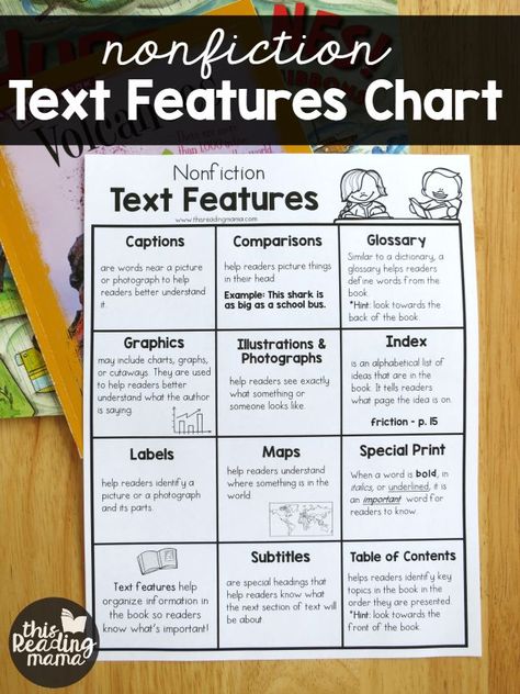 Nonfiction Text Features Chart {FREE} - This Reading Mama Nonfiction Text Features 2nd Grade, Fiction Text Structure, Text Features Anchor Chart, Non Fiction Text Features, Text Feature Anchor Chart, Text Features Activities, Text Features Worksheet, Expository Text, Nonfiction Text Features