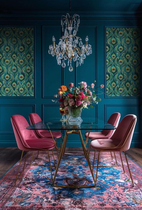 Introducing our Ewing Wallpaper, an exquisite homage to the opulent Art Deco era. This stunning design showcases intricate teal peacock feathers, gracefully fanned out in a rhythmic pattern that evokes the glamour and sophistication of the Roaring Twenties. Perfect for transforming any room into a luxurious haven, and bringing timeless elegance and a touch of vintage charm to your home. 24" Pattern Repeat Pink And Teal Living Room Decor, Peacock Blue Decor, Vintage Glamour Interior, Peacock Colored Bedroom, Farmhouse Maximalist Decor, Hollywood Regency Paint Colors, Pink And Teal Office, Colorful Art Deco, Peacock Blue Room