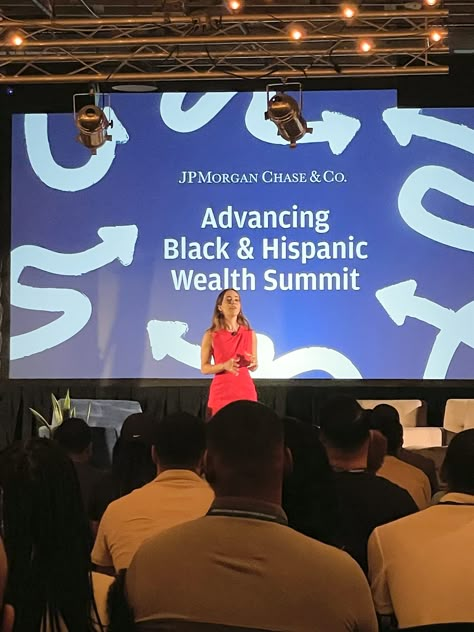 Photo of woman standing in front of a presentation slide at JPMorgan Chase Wealth Summit in Dallas United World College, Jp Morgan Chase, Presentation Design Inspiration, Tech Conference, Jpmorgan Chase & Co, Keynote Design, Jp Morgan, Vision Board Images, Content Design