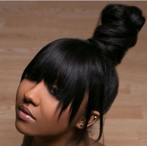 Top knot bun w/ bangs Weave Ponytail Hairstyles, Weave Ponytail, Black Ponytail Hairstyles, Hair Laid, Hair Ponytail Styles, Ponytail Styles, Hair Bun, Twist Hairstyles, Great Hair