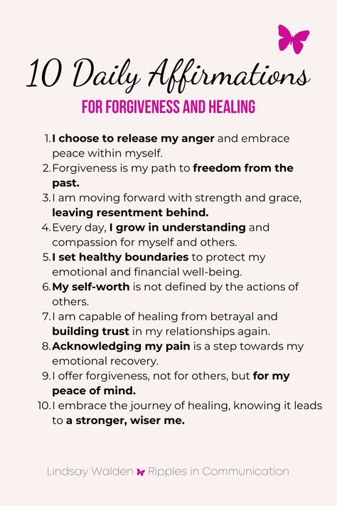 Navigate the path to forgiveness and healing with these empowering daily affirmations. Whether you're overcoming the pain of financial betrayal or rebuilding trust, let these affirmations guide you towards peace and resilience. Discover more ways to heal on my blog. #HealingAffirmations #FinancialForgiveness Overcoming Betrayal, Healing From Betrayal, Affirmations For Healing, How To Forgive, Ways To Heal, Emotional Recovery, Dealing With Anger, Unanswered Questions, Caring Meaning