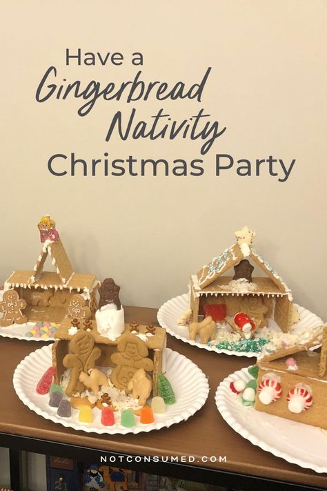 Gingerbread Bash Church, Nativity Party Ideas, Nativity Food Ideas, Christian School Christmas Party Ideas, Nativity Scene Gingerbread House, Christmas Church Activities Kids, Church Kids Christmas Party, Gingerbread Nativity Scene, Nativity Snack