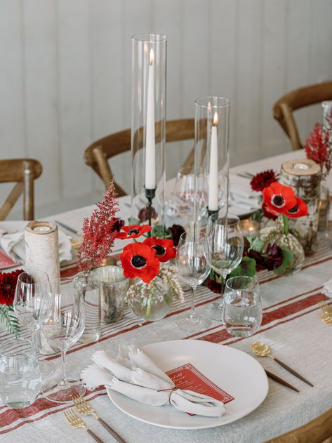 Red anemone, red astilbe, burgundy dahlia, pieris budvases - black candlesticks, white tapers, aspen votives - farm table centerpiece Red And Orange Flower Arrangements, Poppy Centerpiece, Orange Flower Arrangements, Red Astilbe, Farm Table Centerpiece, Black Candlesticks, Burgundy Dahlia, Red Anemone, Spring Centerpiece