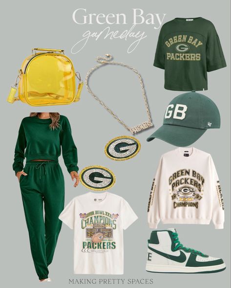 Green Bay gameday picks, green, yellow, packers, clear purse, gameday bag, crop tee, baseball hat, crewneck, graphic tee, loungewear set, stud earrings, necklace, Nike tennis shoes, sneakers Follow my shop @makingprettyspaces on the @shop.LTK app to shop this post and get my exclusive app-only content! #liketkit #LTKunder100 #LTKstyletip #LTKSeasonal @shop.ltk https://liketk.it/4hwJW Green And Gold Game Day Outfit, Green Bay Packers Outfits Woman, Green Game Day Outfit, Green Bay Packers Gifts, Green Packers, Green Bay Packers Clothing, Nfl Packers, Nike Tennis Shoes, Diy Tutu