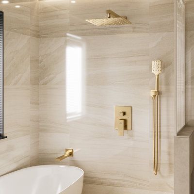 This luxury 3-in-1 shower system with a classical looking: the brushed gold finish and classical look shower system complement the decoration of your new bathroom. A dual-function shower faucet is in right now because this gives you the convenience of having one rainfall bath and one handheld sprayer which you could use for focusing on bathing your body. | CASAINC 3 Function Wall Mount Complete Rainfall Shower System w/ 3 Setting Handheld and Tub Spout yellow 10.0 in, Brass | DB-98103LSJ-10 | CS Modern Shower Tub Combo Master Bath, White And Gold Bathroom Shower Ideas, Modern Bathroom Gold Fixtures, Bathroom Fixtures And Finishes Ideas, Bathroom Remodel Gold Fixtures, Beige Gold Bathroom, Cream Gold Bathroom, Accent Powder Room, Modern Bathroom With Tub