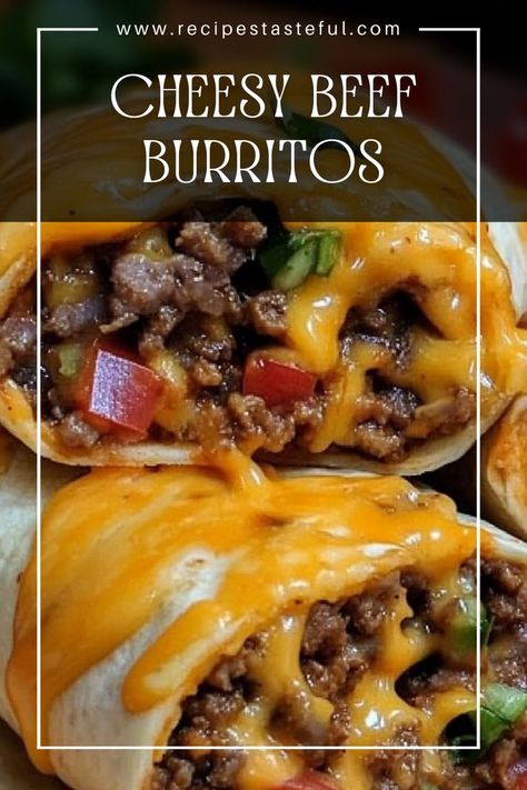 Enjoy these delicious Cheesy Beef Burritos filled with seasoned ground beef, fresh vegetables, and gooey cheese, all wrapped in soft flour tortillas. Perfect for a family dinner or a quick meal on the go! Burrito With Ground Beef, Fajita Ground Beef Recipe, Beef Wraps Flour Tortillas, Beefy Cheesy Burritos, Best Recipes With Ground Beef, Ground Beef Burritos Flour Tortillas, Cheesy Beef Burritos, Meals With Ground Beef Healthy, Burritos Beef Ground