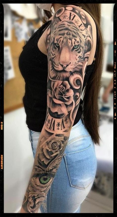 Full Sleeve Tattoos Women Tiger, Tattoo Ideas Female Full Arm, Mother Tiger Tattoo, Sleeve Tattoos For Women Lion, Tiger Arm Sleeve Tattoo, Tiger Tattoo Sleeve For Women, Lion Tattoo Sleeves Women, Jungle Sleeve Tattoo Women, Tiger Arm Tattoo Woman