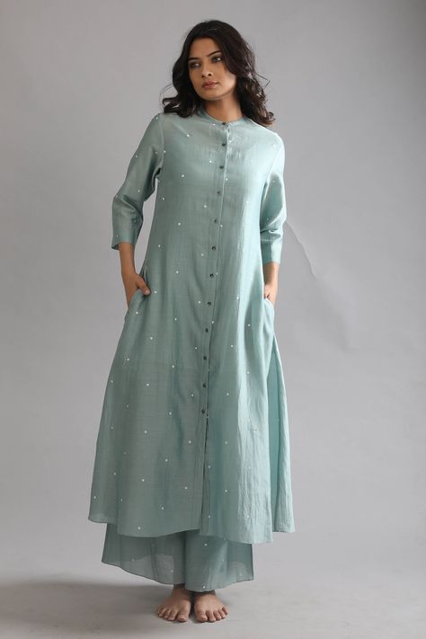 Shop for these amazing collections of Green Chanderi Silk Polka Pattern Round Shirt Kurta And Pant Set For Women by KHAT online at Aza Fashions. Pleat Top, Straight Kurta, Kurta With Pants, Stylish Dress Designs, Round Neck Tops, Green Shirt, Fashion Design Clothes, Pants Pattern, Pant Set