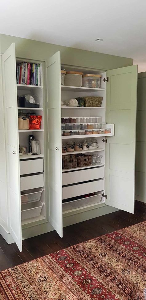 Pax Pantry Organization, Ikea Cupboard Storage, Ikea Diy Pantry, Pax Kitchen Storage, Pax In Kitchen, Ikea Larder Cupboard Hack, Ikea Built In Pantry, Ikea Pax Kitchen Pantry, Pax Pantry Ideas