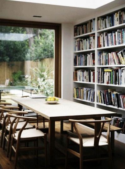 Shelves in the dining room? Or maybe just a long table in the library, under a skylight.... Bookshelves In Dining Room, Dining Room Bookshelves, Room With Bookshelves, Dining Room Library, Beautiful Bookshelf, Room Bookshelf, Home Libraries, The Dining Room, Dining Room Inspiration