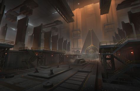 Robot Factory Concept Art, Fantasy Factory Concept Art, Fantasy Factory Art, Dark Factory Aesthetic, Training Grounds Concept Art, Steampunk Factory Concept Art, Scifi Facility, Scifi Factory, Sci Fi Factory