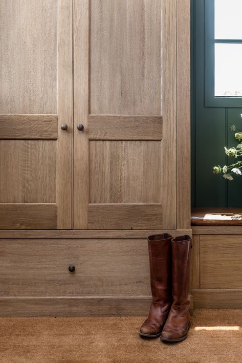 Angela Wheeler Design - Mudroom with white oak built in cabinet, dark green panelled wall   coir matting. Oak Wall Cabinet, Wood Mudroom Cabinets, White Oak Mudroom Cabinets, Oak Built Ins, Oak Mudroom, White Oak Mudroom, White Oak Built In, Dark Green Mudroom, Mudroom Cabinets