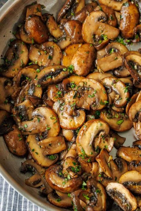 The best sauteed mushrooms recipe. So easy to make and delicious as a side dish, appetizer, in gravy, or savory topping for steak, pasta, or a juicy burger. Healthy Stuffed Mushrooms, Mushroom Side Dishes, Sautéed Mushrooms, Mushroom Dish, Sauteed Mushrooms, Crab Meat, Basic Recipes, Veggie Dishes, Mushroom Recipes