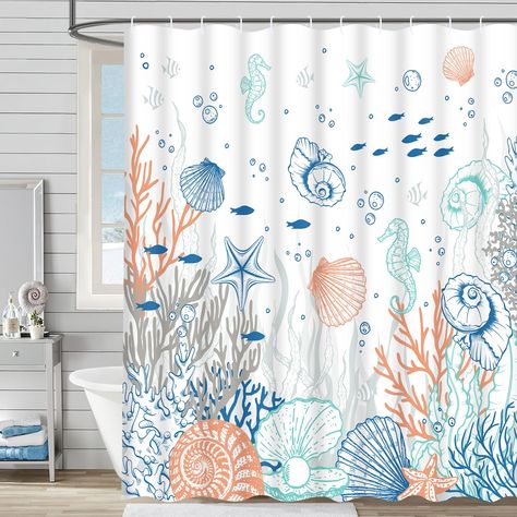 PRICES MAY VARY. PREMIUM MATERIAL: Nautical coastal shower curtain: soft, durable, environmentally friendly and waterproof polyester. And it can still maintain a good look after repeated washing because of its shrinkage resistance. PERSONALIZED DESIGN: This coral seashell beach bathroom shower curtain adopt advanced HD printing technology, which make the pattern clear and vivid, true and not easy to fade. SIZE INFORMATION: Coastal ocean themed shower curtain is measured 72" W x 72" L. This size Hotel Shower Curtain, Coastal Shower Curtain, Restroom Accessories, Ocean Themed Bathroom, Hookless Shower Curtain, Kids Bathroom Accessories, Beach Shower Curtains, Decor Baie, Abstract Shower Curtain