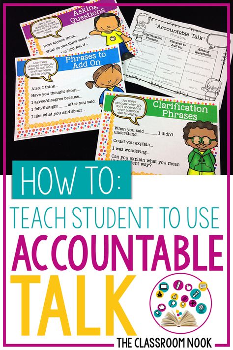 Want to increase deeper conversation between your students? Teach them how to use accountable talk with tips and ideas from this blog post. You can even snag a free set of Accountable Talk posters to display in your classroom #accountabletalk Collaborative Conversations Anchor Chart, Accountable Talk Posters, Academic Conversations, Talk Moves, Discussion Strategies, Class Community, Accountable Talk, Teaching Kindness, Collaborative Classroom