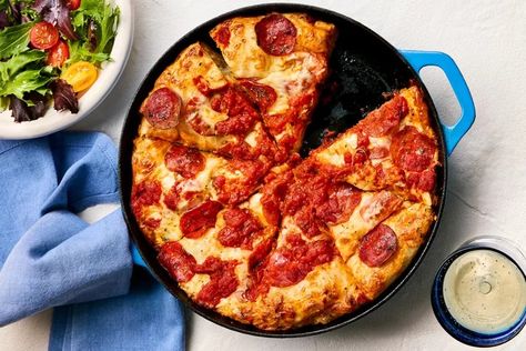 Cast-Iron Pepperoni Pizza Recipe Cast Iron Pepperoni Pizza, Pepperoni Pizza Recipe, Homemade Pepperoni, Homemade Pepperoni Pizza, Pizza Recipes Pepperoni, Cast Iron Pizza, Simple Salad, Sausage Pasta, Pizza Recipe