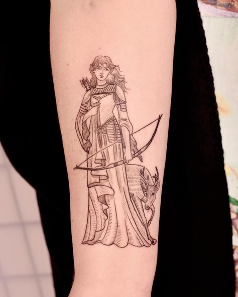 Ælfwynn, Highborn Huntress 🦌 Thank you Nicole for getting this piece! I think this is one of the first designs I created that features an elf 🧝‍♀️ #medievaltattoo #middleagestyle #goldcoasttattoo #brisbanetattoo #medievaltapestry #knight #medievalprincess #ladyknight #lotrtattoo #lotrart #elven #ranger #bowandarrows #deertattoo Woman Knight Tattoo, Huntress Tattoo, Warrior Princess Tattoo, Fairytale Tattoo, Empowerment Tattoo, Brisbane Tattoo, Lotr Tattoo, Medieval Tattoo, Medieval Princess