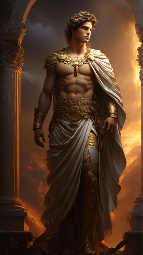 Greek god Apollo stands in full growth draped in a tradition... by Иван Федоров - Playground Greek Gods Poster, Apollo Costume Greek, Apollo Aesthetic Greek Mythology, God Apollo Art, Greek God Makeup Men, Greek God Character Design, Apollo Art Greek Mythology, Greek God Men, God Of Love Greek