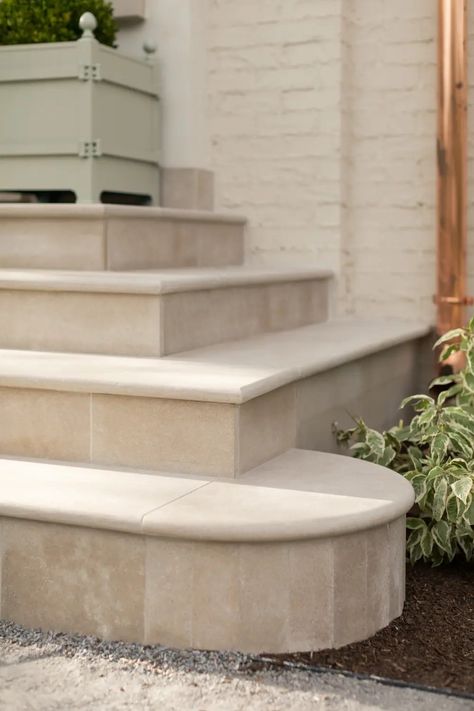 Establish Design, Limestone Patio, Front Porch Stone, Indiana Limestone, Patio Stairs, Front Door Steps, Limestone Paving, Entry Stairs, Exterior Stairs