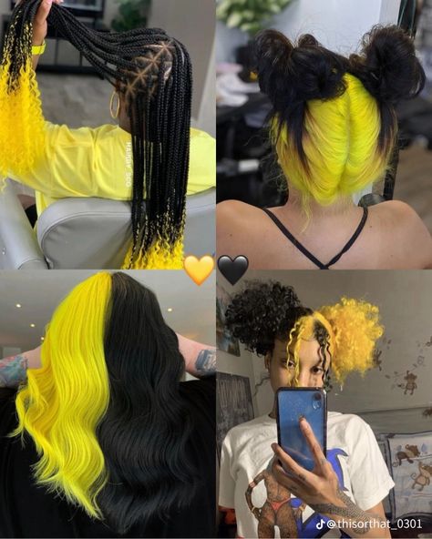 Yellow And Black Hair, Hair Color Combos, Hair Colour Inspo, Ways To Dye Your Hair, Yellow Hair Color, Hair Yellow, Short Box Braids Hairstyles, Peekaboo Hair, Beautiful Black Hair