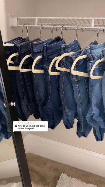 Best Way To Hang Jeans In Closet, Hanging Pants In Closet Ideas, How To Store Jeans In Closet, Hang Jeans In Closet Ideas, Jeans Hanging Ideas, How To Hang Jeans, Organize Jeans, Jeans Organization, Hanging Jeans