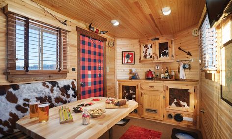 This ice fishing house combines the rugged outdoors with Ralph Lauren-styled design. Steal some great ice house interior design ideas. Ice Castle Fish House, Rustic Camper, Ice Fishing Diy, Ice Fishing Huts, Ice Fishing Shanty, Ice Fishing Sled, Ice Hut, Fish Hut, Fishing House