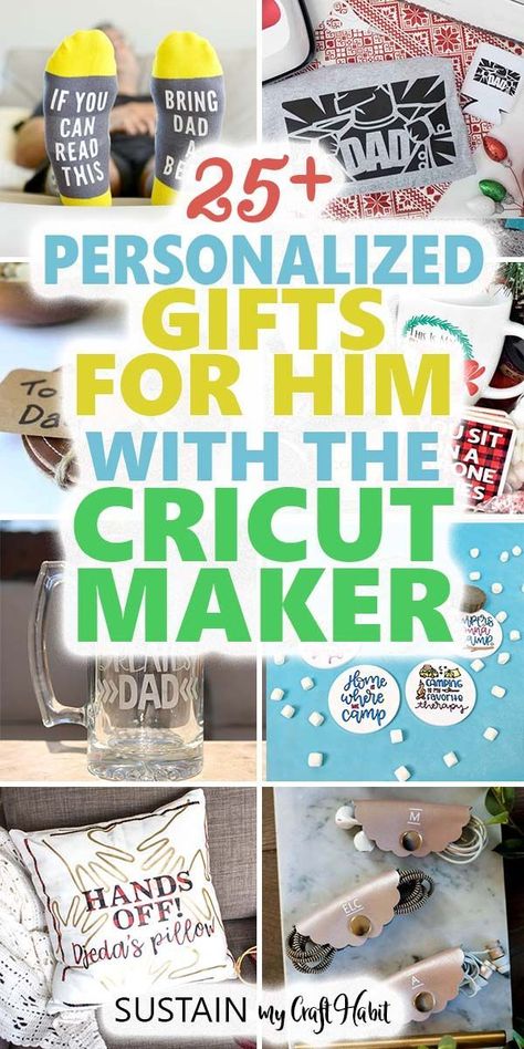 From clothing, baskets, pillows and more, these DIY personalized gifts for him using the Cricut Maker will make any man in your life feel extra special! #ad #cricutcreated #cricutcrafts #cricutmaker #giftsforhim #giftideas #dad #grandpa #sustainmycrafthabit Book Lovers Gift Basket, Cricut Gifts, Personalized Gifts For Him, Gift Crates, Personalised Gifts Diy, Personalized Gift Bags, Cadeau Diy, Easy Diy Gifts, Personalised Gifts For Him