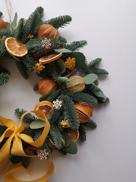 Citrus Christmas Wreath Fragrant With Mustard Yellow Bow | Etsy Citrus Christmas, Fresh Wreath, Orange Christmas, Christmas Spices, Yellow Bow, Wooden Snowflakes, Beautiful Christmas Decorations, Christmas Door Wreaths, Fortnum And Mason