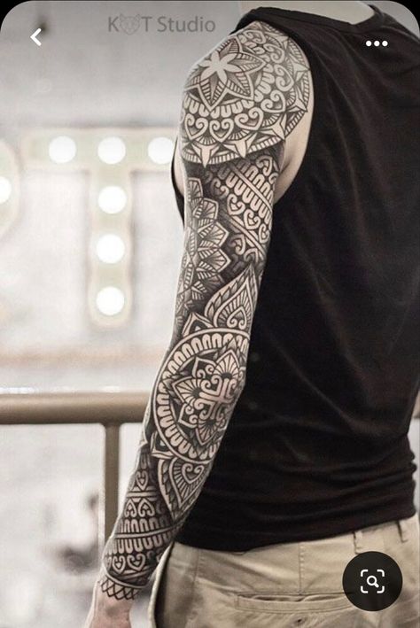 Mandala Arm Tattoos, Geometric Tattoo Sleeve Designs, Full Hand Tattoo, Mandala Tattoo Sleeve, Geometric Sleeve Tattoo, Forearm Band Tattoos, Band Tattoo Designs, Full Sleeve Tattoo Design, Men Tattoos Arm Sleeve