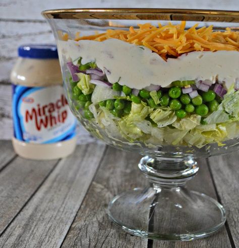 7 layer salad recipe.  Pea Salad recipe with MIRACLE WHIP or Mayo use corn instead Layered Salad With Peas, 7 Layer Salad Recipe, Whip Recipes, 7 Layer Salad, Lettuce Salad Recipes, Layer Salad, Pea Salad Recipes, Seven Layer Salad, Layered Salad Recipes