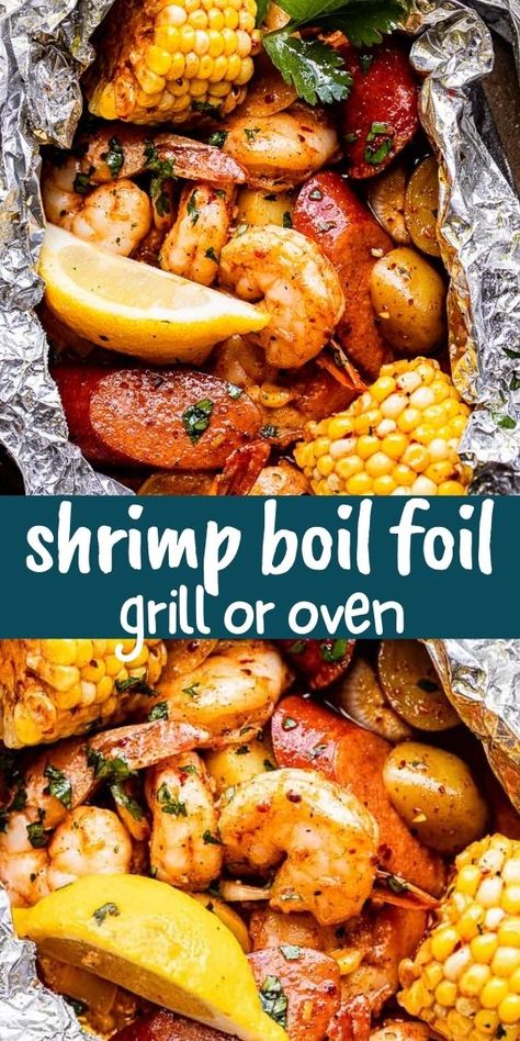 Shrimp Foil Packets Oven, Grilled Shrimp Boil, Oven Foil Packets, Shrimp Boil Foil Packets, Shrimp Boil Foil Packs, Shrimp Boil Foil, Shrimp Boil Recipe, Foil Packet Dinners, Foil Pack Meals