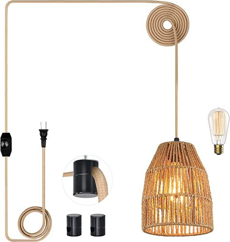 Plug in Pendant Light, Hanging Lights with 15ft Golden Cotton Cord & Stepless Dimming Switch, Handwoven Hemp Rope Lampshade, Boho Hanging Lamp for Dining Room,Hallway (Bulb & 2 Swag Hooks Included) - - Amazon.com Boho Hanging Lamp, Bohemian Light Fixtures, Hanging Lamps For Bedroom, Plug In Chandelier, Boho Lamp, Plug In Pendant Light, Swag Lamp, Light Hanging, Hanging Chandelier