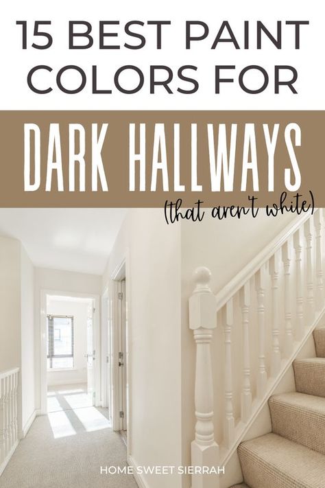 Need ideas for dark hallway paint colors and don't want to use white. This list of interior paint color ideas will brighten any space. Add these to your home color scheme. Paint Color Hallway, Entryway Color Ideas Paint Farmhouse, Small Hallway Colour Ideas, Hallway Wall And Door Colors, Good Hallway Paint Colors, Colour Ideas For Hallways, Hallway Paint Colours Uk, Painting A Hallway, Best Paint Color For Dark Hallway